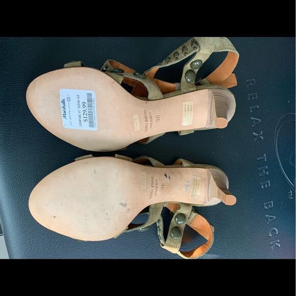 BRAND NEW $225 OLIVE GREEN ITALIAN STUDDED SUEDE HIGH HEEL STRAPPY SANDALS 38 - Picture 6 of 7